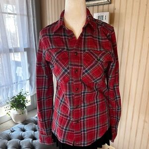 Ralph Lauren Rugby Plaid Flannel Shirt Womens Size 4 Red Button Down Cotton